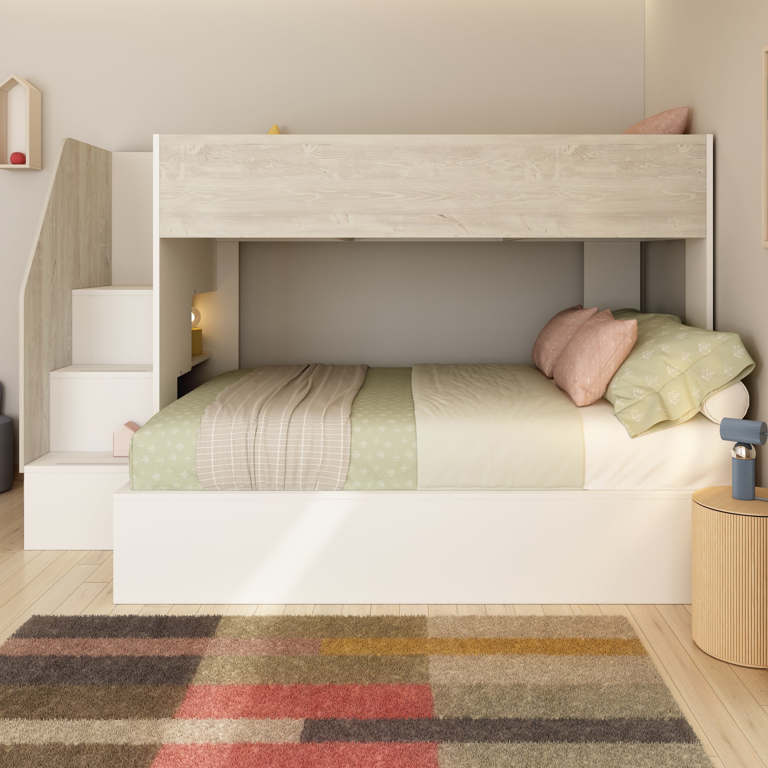 Triple Bunk Bed with Double Bed Below Wide Steps to Single Top