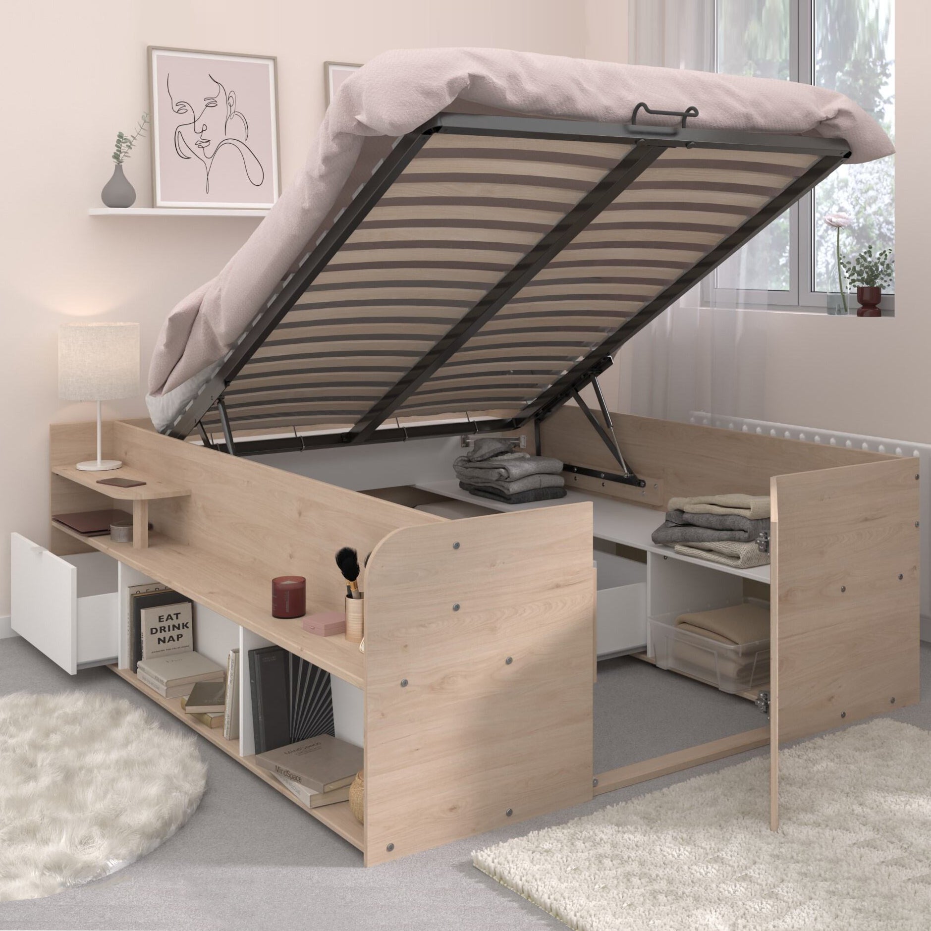 Lift-Up Ottoman UK Double Bed with Under Bed Storage Drawer