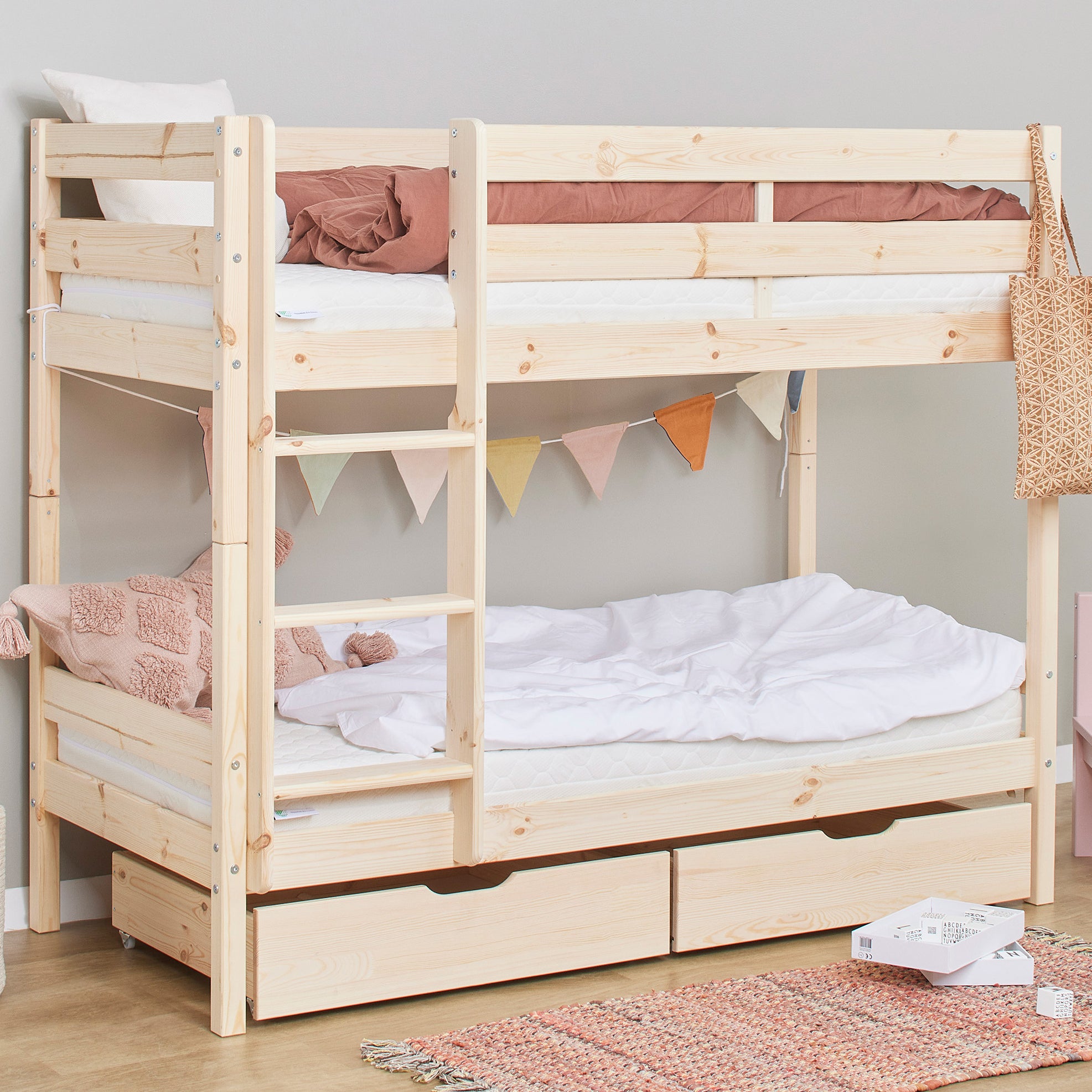 Junior Shorty Bunk Bed in Natural Pine with Storage Drawers from