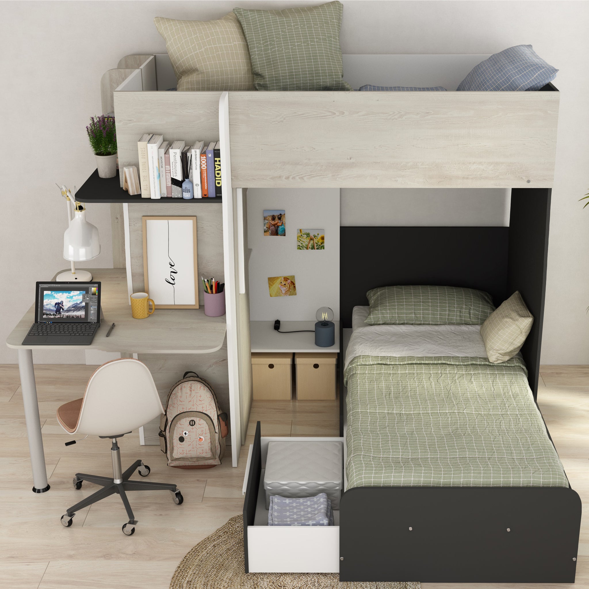 L-Shaped Bunk Bed with Built in Wardrobe, Desk Storage Palatino