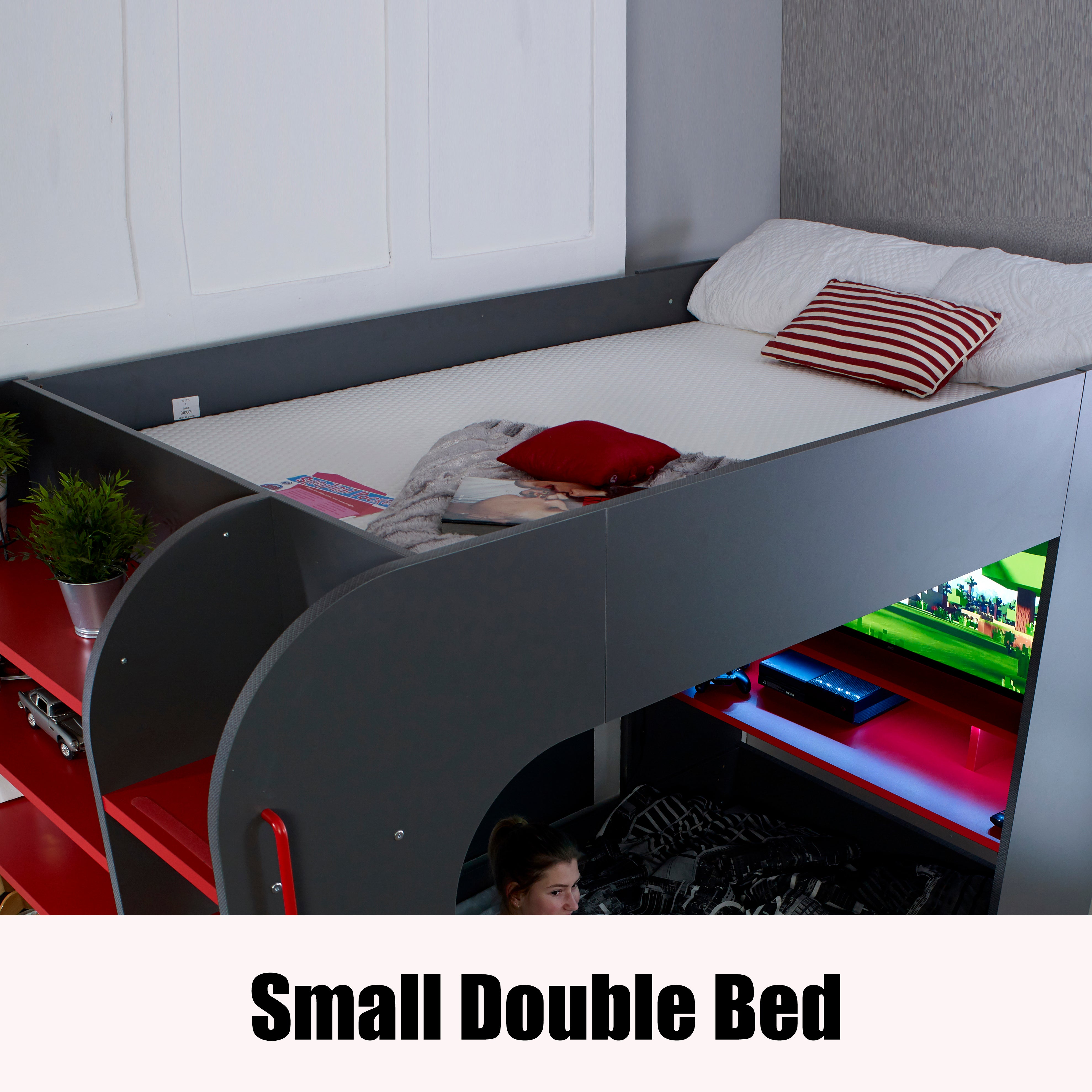 High Sleeper PodBed Small Double Gaming Bed with Built-In Desk