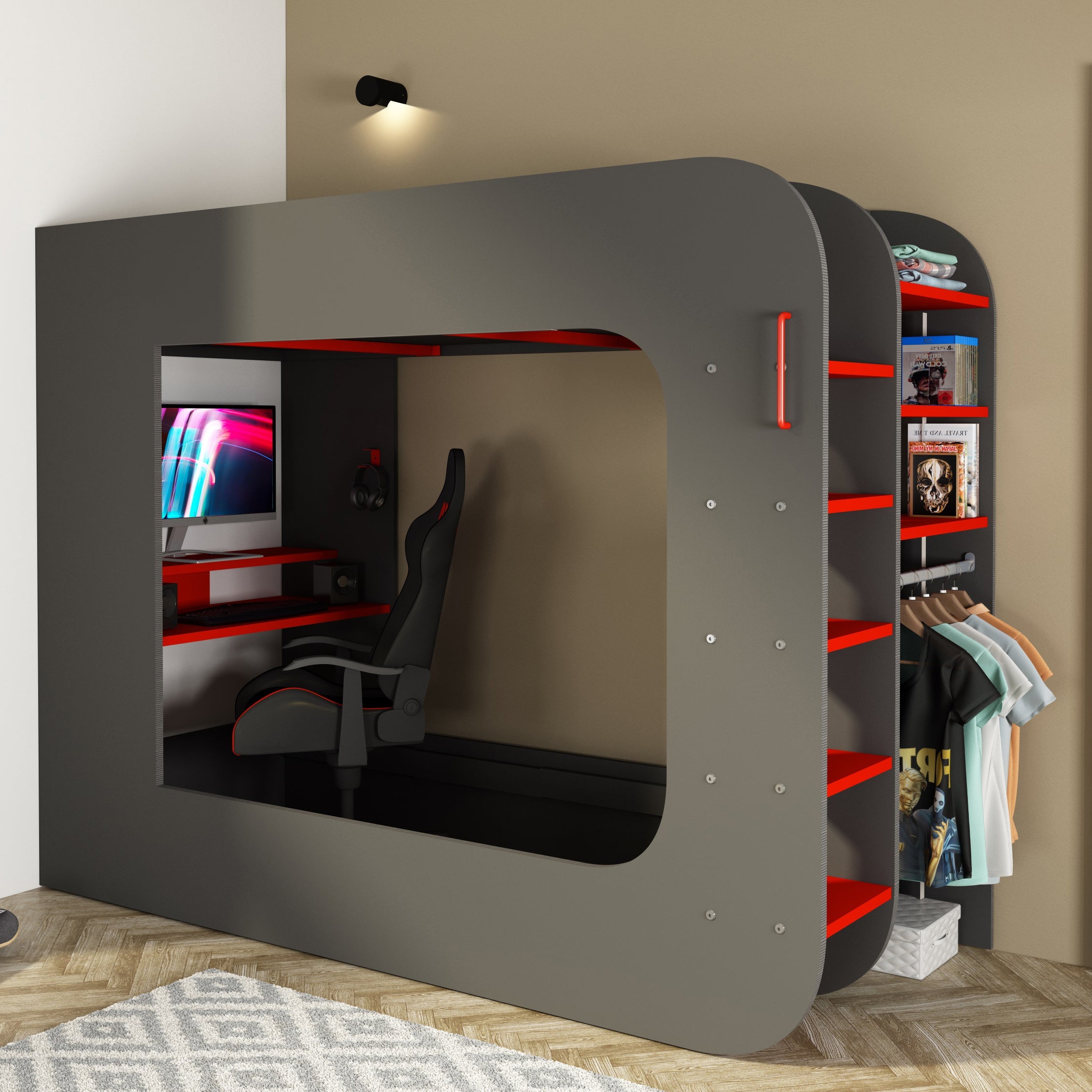 Solo High Sleeper PodBed Gaming Single Bed with Desk, Open Wardrobe ...