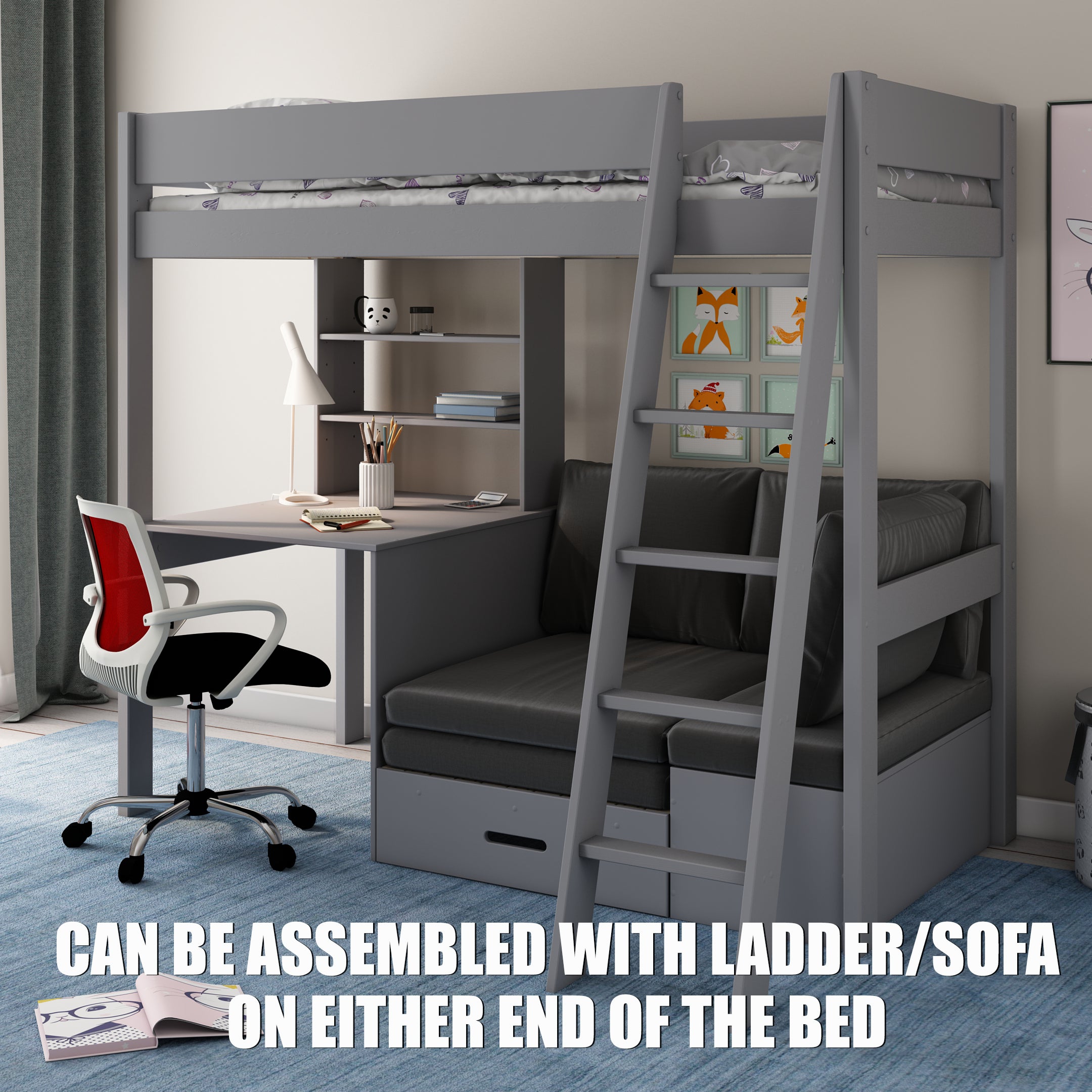 Highsleeper Bed with Desk Shelf Corner Sofabed Kids Avenue Estella Grey