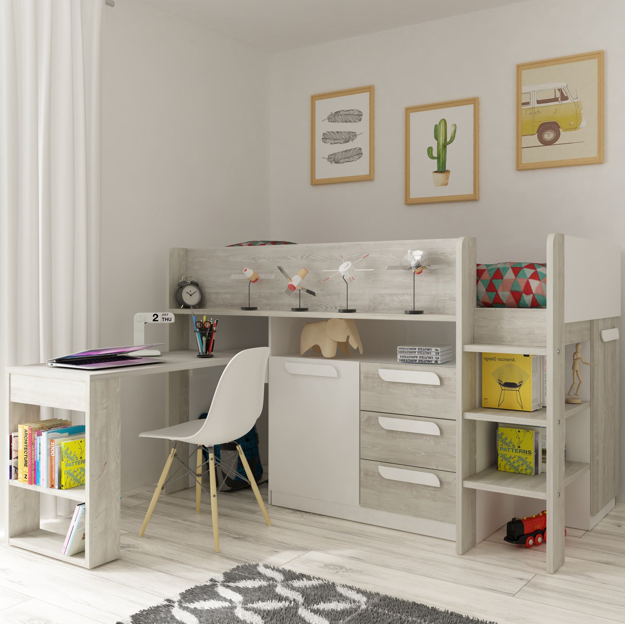 Midsleeper Bed with Desk Storage, Trasman White Girona – Family