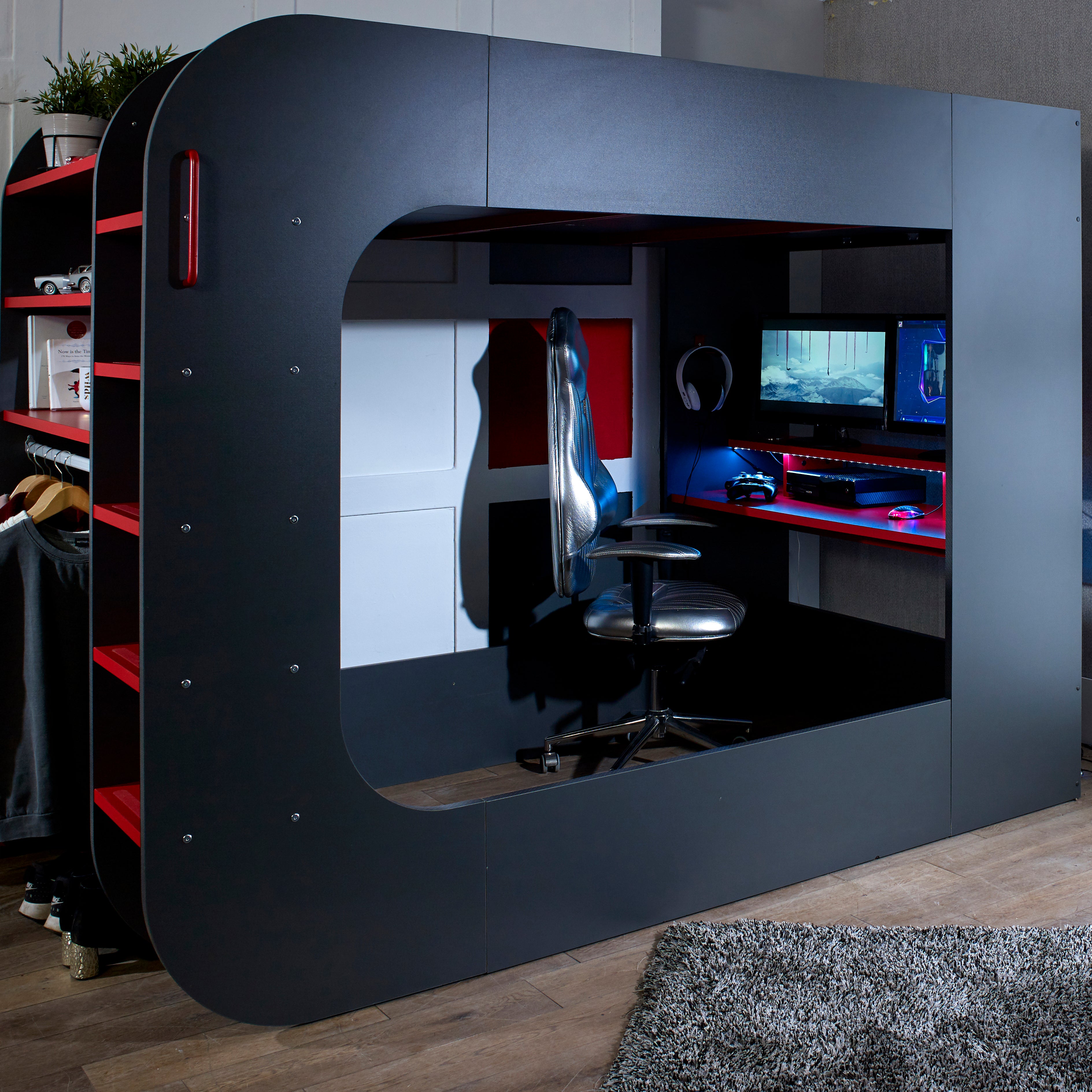 High Sleeper PodBed Small Double Gaming Bed with Built-In Desk & Open ...