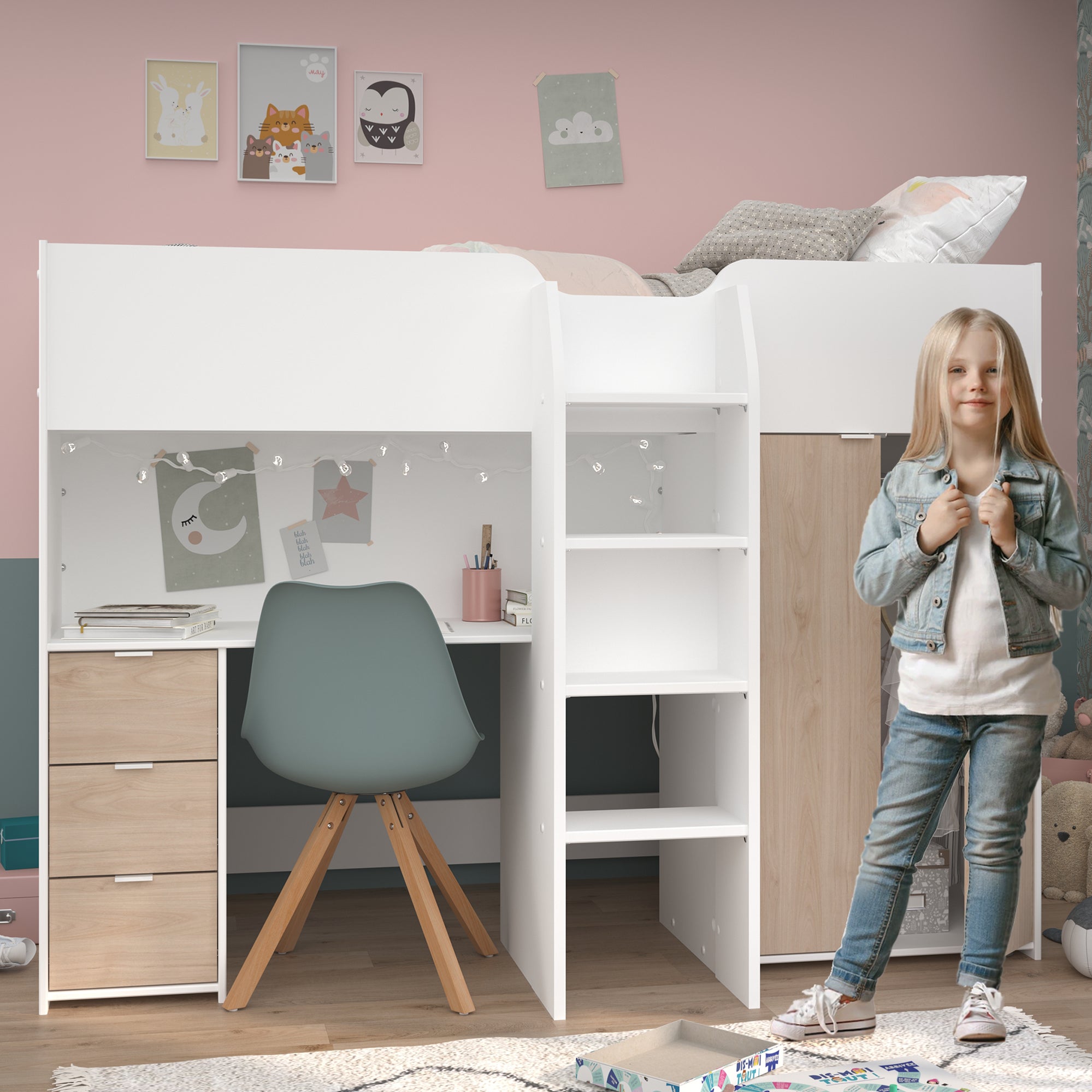 Low-High Sleeper Bed with Wardrobe, Drawers Desk Below Parisot