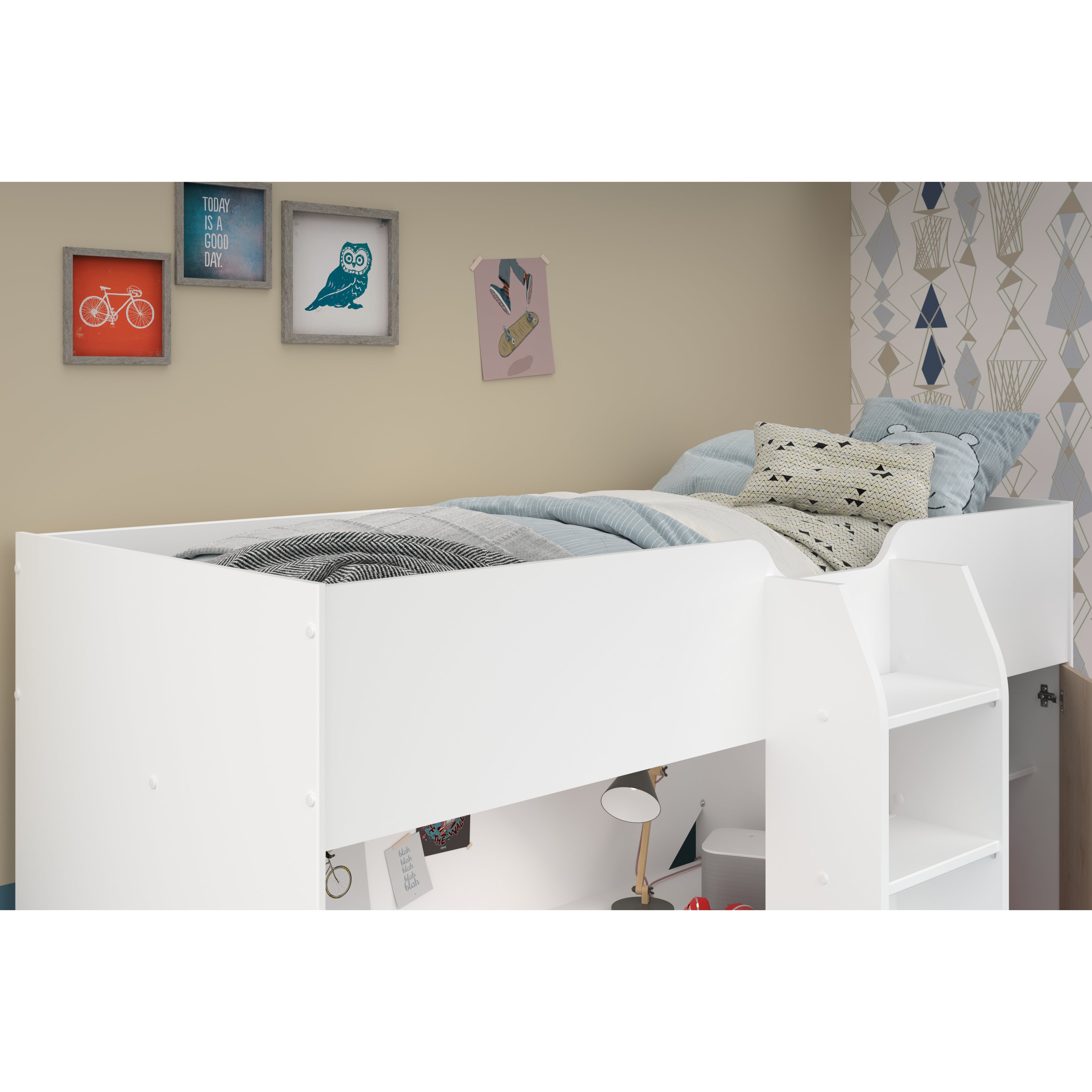 Tom Low High Sleeper Bed with Wardrobe Drawers Desk Below